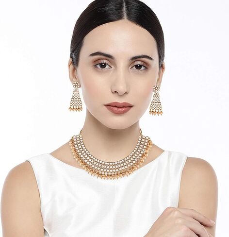 Aheli Ethnic Bollywood Faux Pearl Necklace Earrings Maang Tikka Indian Jewelry Set for Women in Saudi Arabia