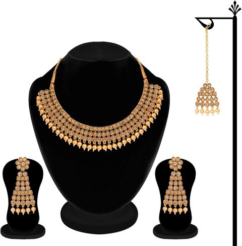 Aheli Ethnic Bollywood Faux Pearl Necklace Earrings Maang Tikka Indian Jewelry Set for Women in Saudi Arabia