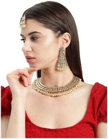 Aheli Ethnic Bollywood Faux Pearl Necklace Earrings Maang Tikka Indian Jewelry Set for Women in Saudi Arabia