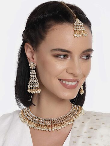 Aheli Ethnic Bollywood Faux Pearl Necklace Earrings Maang Tikka Indian Jewelry Set for Women in Saudi Arabia