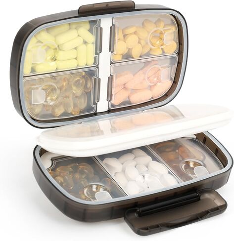 Travel Pill Organizer - 8 Compartments Portable Daily Pill Case Pill Box for Purse Pocket to Hold Vitamins, Cod Liver Oil, Supplements and Medication (Black) in Saudi Arabia