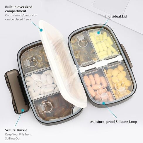 Travel Pill Organizer - 8 Compartments Portable Daily Pill Case Pill Box for Purse Pocket to Hold Vitamins, Cod Liver Oil, Supplements and Medication (Black) in Saudi Arabia