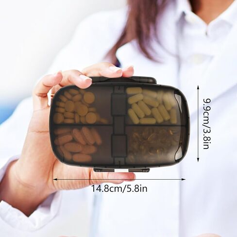 Travel Pill Organizer - 8 Compartments Portable Daily Pill Case Pill Box for Purse Pocket to Hold Vitamins, Cod Liver Oil, Supplements and Medication (Black) in Saudi Arabia