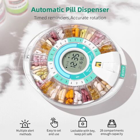 Automatic Pill Dispenser with Alarm, Electronic Monthly Pill Organizer for Elderly, Timed Pill Dispenser with Light/Sound Alarm, Locked Pill Box for Prescriptions and Supplement in Kuwait