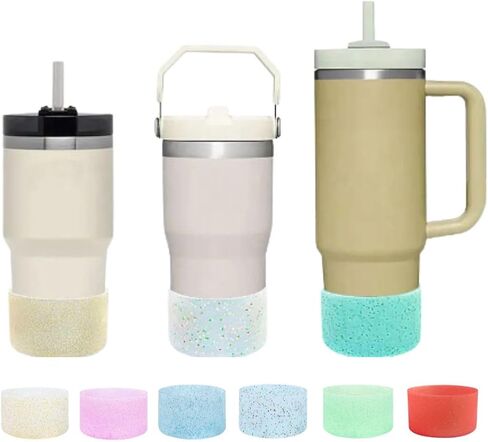 Glitter Silicone Sleeve/Boot for Stanley Cup Protector 20oz-40oz & Anti-Slip BPA Free Bottom Cover Bumper for Sport Bottles & Stanley Cup Accessories (Clear W/Purple & Silver Glitter) in Saudi Arabia
