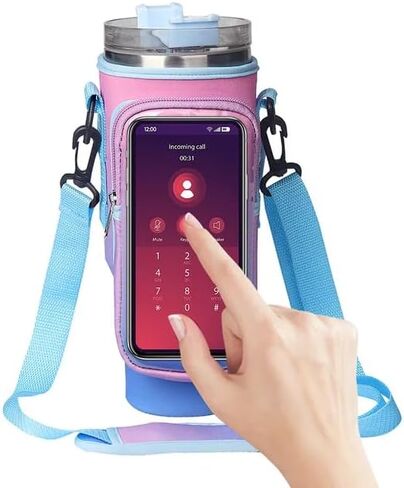 Water Bottle Carrier Bag with Touchable Screen Phone Pocket for Stanley 40oz-Neoprene Holder with Adjustable Strap and Straw Cover for Stanley Cup. (Pink and blue) and Straw Cover Stanley Cup. in Saudi Arabia