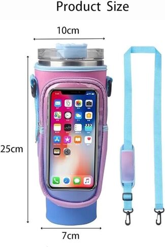 Water Bottle Carrier Bag with Touchable Screen Phone Pocket for Stanley 40oz-Neoprene Holder with Adjustable Strap and Straw Cover for Stanley Cup. (Pink and blue) and Straw Cover Stanley Cup. in Saudi Arabia