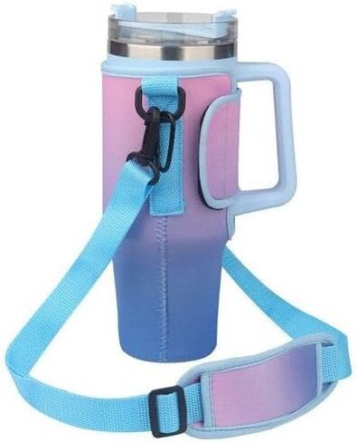 Water Bottle Carrier Bag with Touchable Screen Phone Pocket for Stanley 40oz-Neoprene Holder with Adjustable Strap and Straw Cover for Stanley Cup. (Pink and blue) and Straw Cover Stanley Cup. in Saudi Arabia