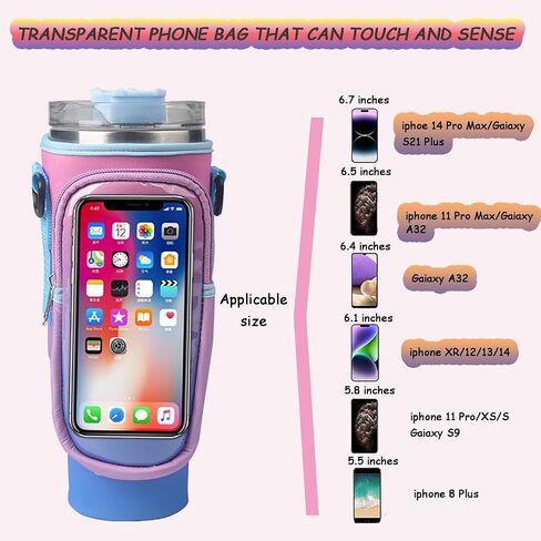 Water Bottle Carrier Bag with Touchable Screen Phone Pocket for Stanley 40oz-Neoprene Holder with Adjustable Strap and Straw Cover for Stanley Cup. (Pink and blue) and Straw Cover Stanley Cup. in Saudi Arabia