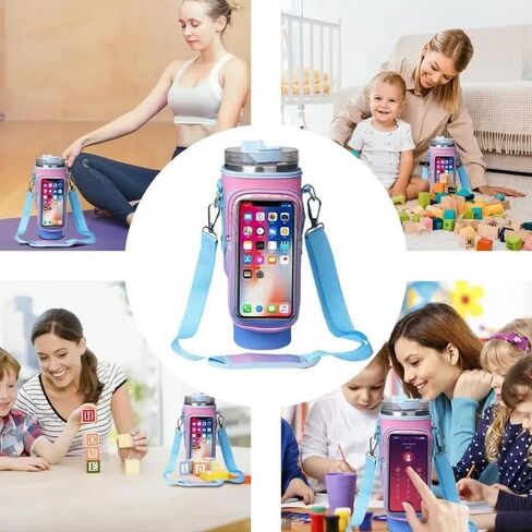 Water Bottle Carrier Bag with Touchable Screen Phone Pocket for Stanley 40oz-Neoprene Holder with Adjustable Strap and Straw Cover for Stanley Cup. (Pink and blue) and Straw Cover Stanley Cup. in Saudi Arabia