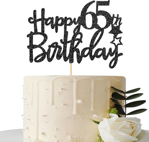 غلاف كعكة عيد الميلاد الخامس والستين باللون الأسود اللامع للنساء والرجال، مرحبًا بالذكرى السنوية الخامسة والستين، هتافات حتى 65 عامًا لتزيين الحفلات in Kuwait