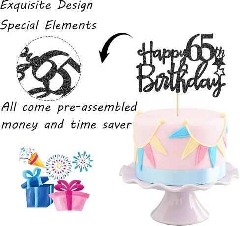 غلاف كعكة عيد الميلاد الخامس والستين باللون الأسود اللامع للنساء والرجال، مرحبًا بالذكرى السنوية الخامسة والستين، هتافات حتى 65 عامًا لتزيين الحفلات in Kuwait