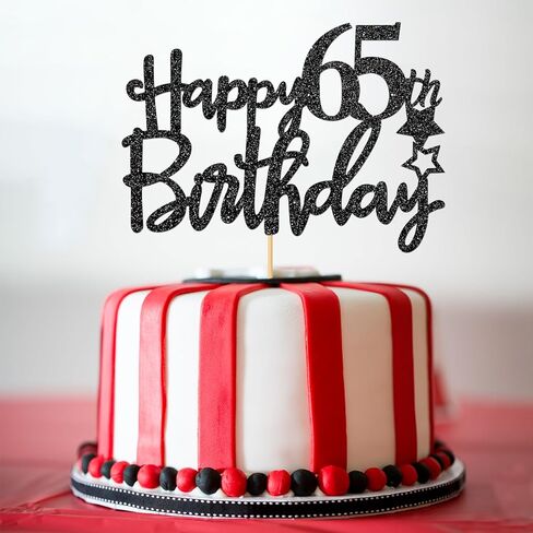 غلاف كعكة عيد الميلاد الخامس والستين باللون الأسود اللامع للنساء والرجال، مرحبًا بالذكرى السنوية الخامسة والستين، هتافات حتى 65 عامًا لتزيين الحفلات in Kuwait