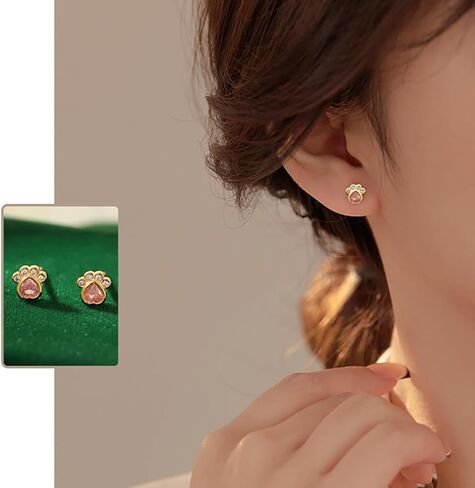 Cute CZ Cat Paw Print Mini Stud Earrings for Women Teen Girls Cartilage 925 Sterling Silver Crystal Pink Diamond Heart Dog Puppy Kitten Animal Pet Tiny Small Studs Earring Dainty Christmas Jewelry Gifts for Daughter Birthday in Saudi Arabia