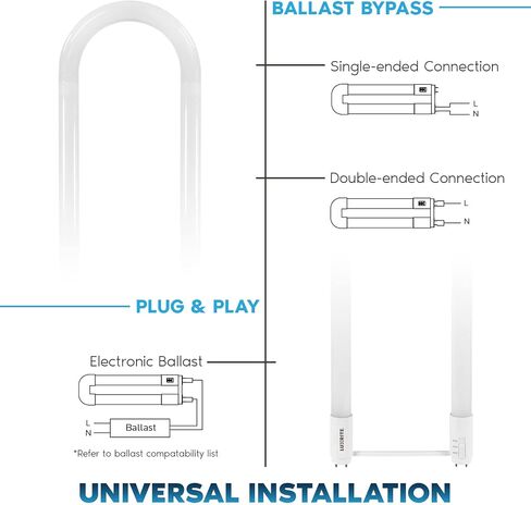 Luxrite U Bend LED Tube Light, T8 T12, 17.5W (32W Equivalent), 3 Colors 3500K | 4000K | 5000K, 2100 Lumens, Fluorescent Light Tube Replacement, Direct or Ballast Bypass, UL Certified, G13 Base, 2-Pack in Kuwait