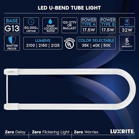 Luxrite U Bend LED Tube Light, T8 T12, 17.5W (32W Equivalent), 3 Colors 3500K | 4000K | 5000K, 2100 Lumens, Fluorescent Light Tube Replacement, Direct or Ballast Bypass, UL Certified, G13 Base, 2-Pack in Kuwait
