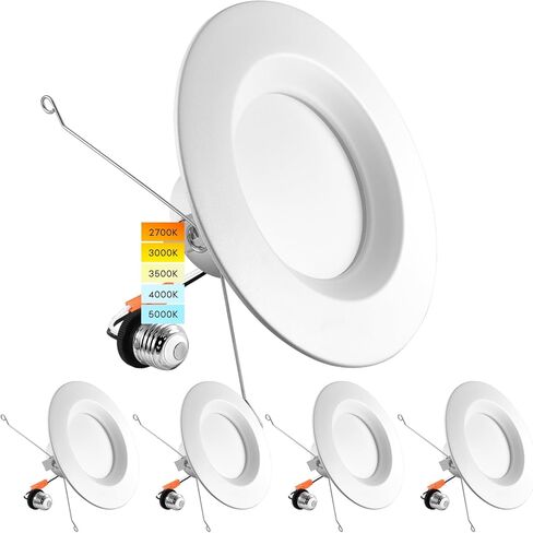 LUXRITE 5/6 Inch LED Recessed Retrofit Downlight, 14W=90W, CCT Color Selectable 2700K | 3000K | 3500K | 4000K | 5000K, Dimmable Can Light, 1100 Lumens, Wet Rated, Energy Star, Smooth Trim (4 Pack) in Saudi Arabia