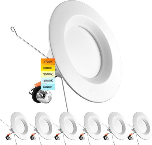 LUXRITE 5/6 Inch LED Recessed Retrofit Downlight, 14W=90W, CCT Color Selectable 2700K | 3000K | 3500K | 4000K | 5000K, Dimmable Can Light, 1100 Lumens, Wet Rated, Energy Star, Smooth Trim (4 Pack) in Saudi Arabia