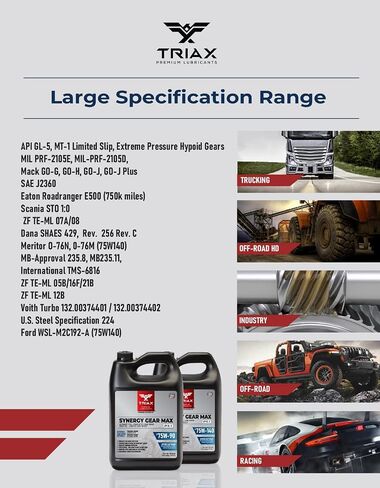 TRIAX Synergy Gear MAX 75W-140 GL-5, PAO Synthetic Long-Drain Axle, Differential Extreme Pressure Oil, Limited Slip Ready, 750,000 Mile Rating on Highway (1 Gal) in Saudi Arabia
