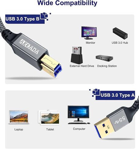 AkoaDa USB A to USB B 3.0 Cable (10FT), Durable Nylon Braided Type A to B Male Cable Compatible with Printers, Monitor, Docking Station, External Hard Drivers, Scanner, USB Hub and More Devices(Grey) in Saudi Arabia