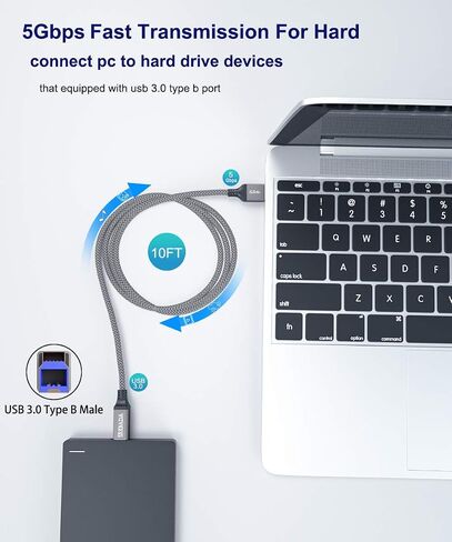 AkoaDa USB A to USB B 3.0 Cable (10FT), Durable Nylon Braided Type A to B Male Cable Compatible with Printers, Monitor, Docking Station, External Hard Drivers, Scanner, USB Hub and More Devices(Grey) in Saudi Arabia