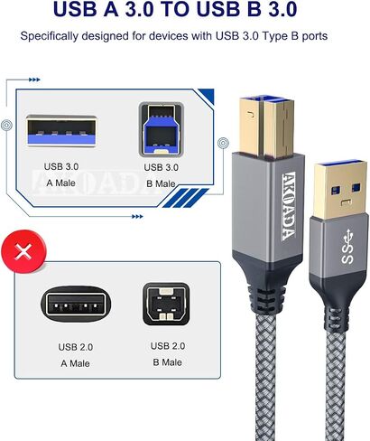 AkoaDa USB A to USB B 3.0 Cable (10FT), Durable Nylon Braided Type A to B Male Cable Compatible with Printers, Monitor, Docking Station, External Hard Drivers, Scanner, USB Hub and More Devices(Grey) in Saudi Arabia