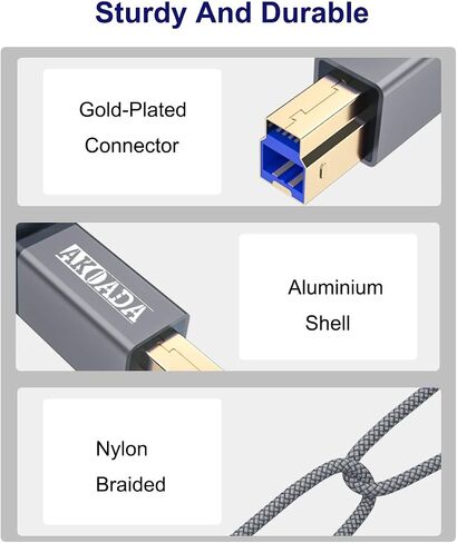 AkoaDa USB A to USB B 3.0 Cable (10FT), Durable Nylon Braided Type A to B Male Cable Compatible with Printers, Monitor, Docking Station, External Hard Drivers, Scanner, USB Hub and More Devices(Grey) in Saudi Arabia