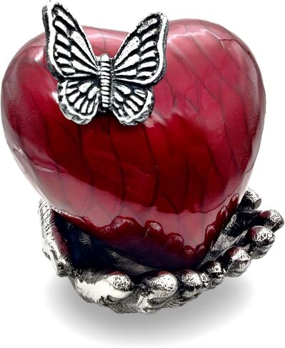 Butterfly Heart Urn for Ashes - Hand Painted with Red Color - Unique Memorial Keepsake for Loved Ones - Decorative Cremation Urn for Home or Office Comes with Unique Hand Shape Stand. in Saudi Arabia