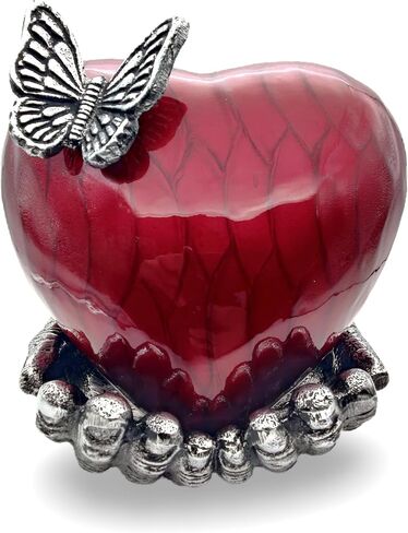 Butterfly Heart Urn for Ashes - Hand Painted with Red Color - Unique Memorial Keepsake for Loved Ones - Decorative Cremation Urn for Home or Office Comes with Unique Hand Shape Stand. in Saudi Arabia