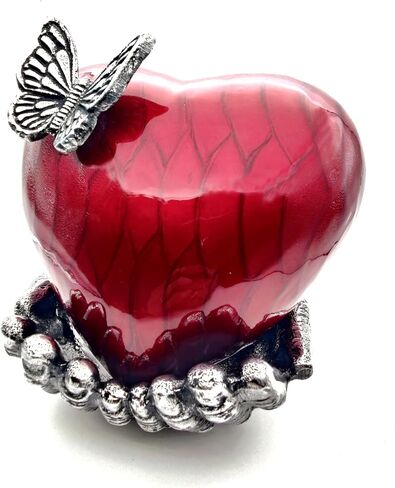 Butterfly Heart Urn for Ashes - Hand Painted with Red Color - Unique Memorial Keepsake for Loved Ones - Decorative Cremation Urn for Home or Office Comes with Unique Hand Shape Stand. in Saudi Arabia