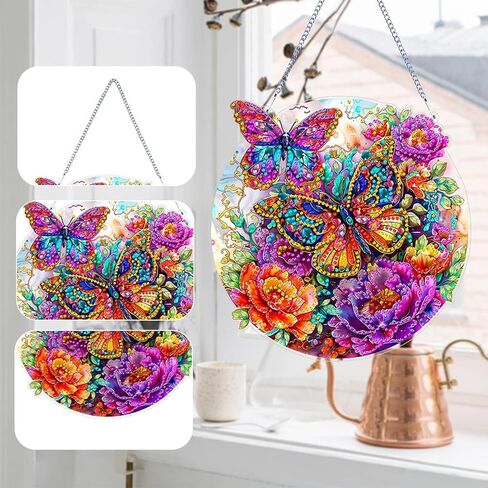 JJFox DIY الاكريليك الماس الفن اللوحة إكليل مجموعات خاصة على شكل حجر الراين 5D الماس الفن نافذة المعلقات حديقة المنزل جدار شنقا مجموعات شنقا زخرفة (فراشة-2) in Kuwait
