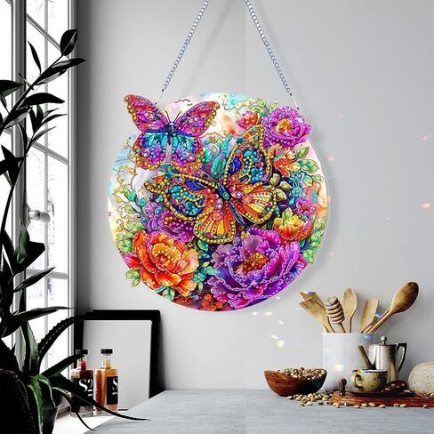 JJFox DIY الاكريليك الماس الفن اللوحة إكليل مجموعات خاصة على شكل حجر الراين 5D الماس الفن نافذة المعلقات حديقة المنزل جدار شنقا مجموعات شنقا زخرفة (فراشة-2) in Kuwait