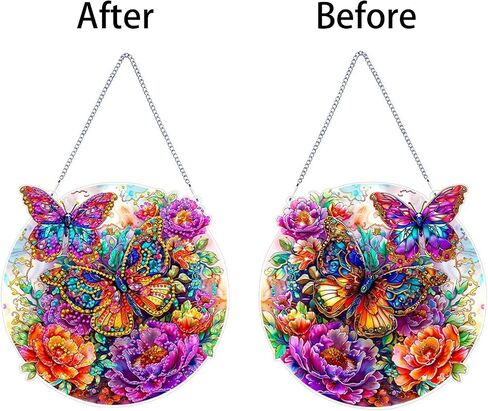 JJFox DIY الاكريليك الماس الفن اللوحة إكليل مجموعات خاصة على شكل حجر الراين 5D الماس الفن نافذة المعلقات حديقة المنزل جدار شنقا مجموعات شنقا زخرفة (فراشة-2) in Kuwait