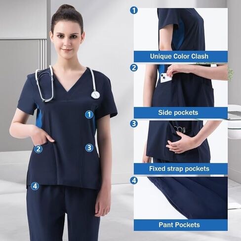 طقم دعك للنساء طقم مقشر برقبة على شكل حرف V وسراويل ركض للنساء ملابس عمل قابلة للتمدد بجيوب متعددة in Kuwait