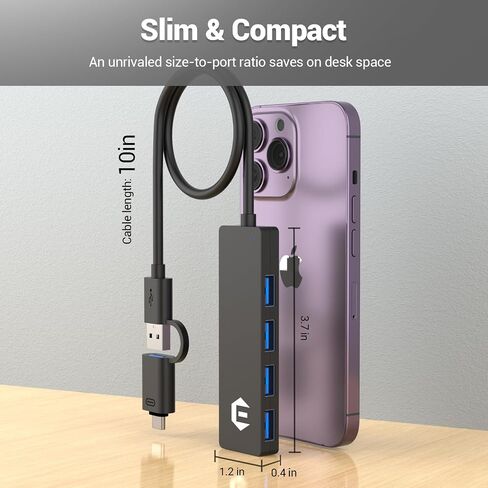 موزع USB، موزع TOTU 4 منافذ USB 3.0 مع محول USB إلى USB C، مقسم USB مع كابل 26 سم لأجهزة HP/Dell وأجهزة USB A/C الأخرى in Saudi Arabia
