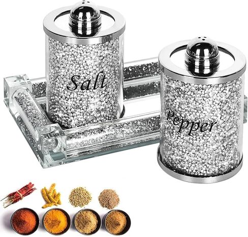 Crystal Salt and Pepper Shakers Set with Tray,Sparkly Crystal Crushed Diamond House Decor for Kitchen,Bling Salt Pepper Jar Container Pot for Countertop,saleros para cocina elegantes,Silver in Saudi Arabia