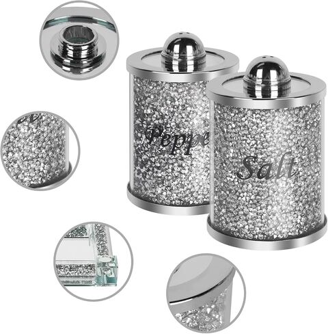 Crystal Salt and Pepper Shakers Set with Tray,Sparkly Crystal Crushed Diamond House Decor for Kitchen,Bling Salt Pepper Jar Container Pot for Countertop,saleros para cocina elegantes,Silver in Saudi Arabia