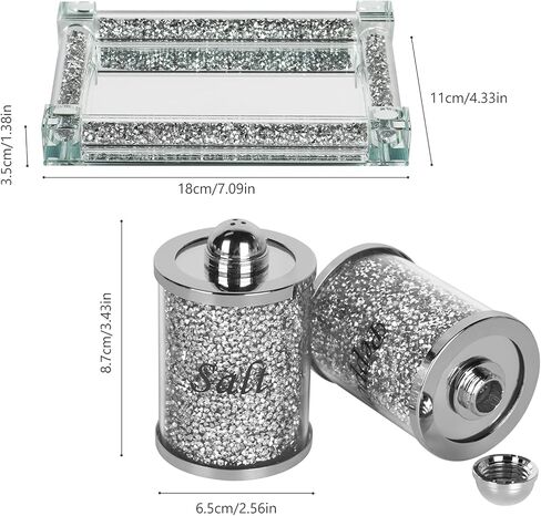 Crystal Salt and Pepper Shakers Set with Tray,Sparkly Crystal Crushed Diamond House Decor for Kitchen,Bling Salt Pepper Jar Container Pot for Countertop,saleros para cocina elegantes,Silver in Saudi Arabia