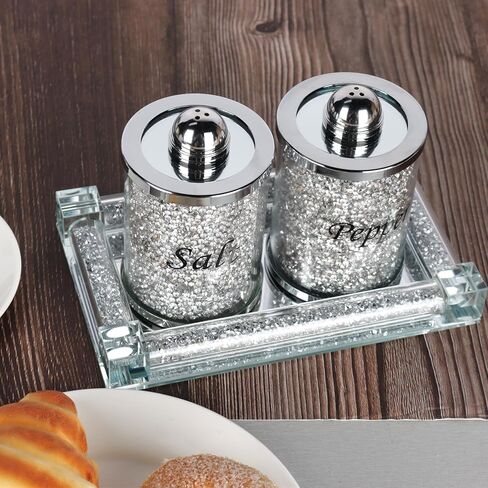 Crystal Salt and Pepper Shakers Set with Tray,Sparkly Crystal Crushed Diamond House Decor for Kitchen,Bling Salt Pepper Jar Container Pot for Countertop,saleros para cocina elegantes,Silver in Saudi Arabia