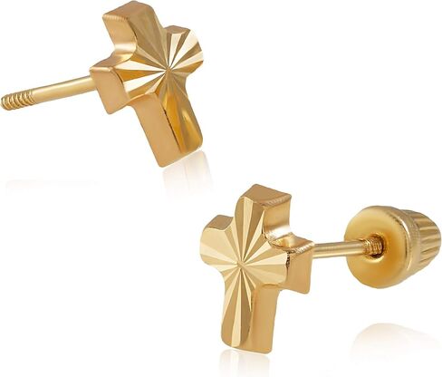 Hoberta Real 14k solid Yellow Gold Tiny Circle Stud Earrings with Screw back for Women Girls Men for Sensitive ears Small & Minimalist Dot Studs Jewelry for Gifts (Cross Diamond Cut) in Saudi Arabia
