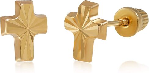 Hoberta Real 14k solid Yellow Gold Tiny Circle Stud Earrings with Screw back for Women Girls Men for Sensitive ears Small & Minimalist Dot Studs Jewelry for Gifts (Cross Diamond Cut) in Saudi Arabia