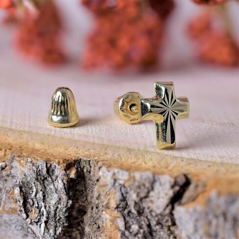 Hoberta Real 14k solid Yellow Gold Tiny Circle Stud Earrings with Screw back for Women Girls Men for Sensitive ears Small & Minimalist Dot Studs Jewelry for Gifts (Cross Diamond Cut) in Saudi Arabia