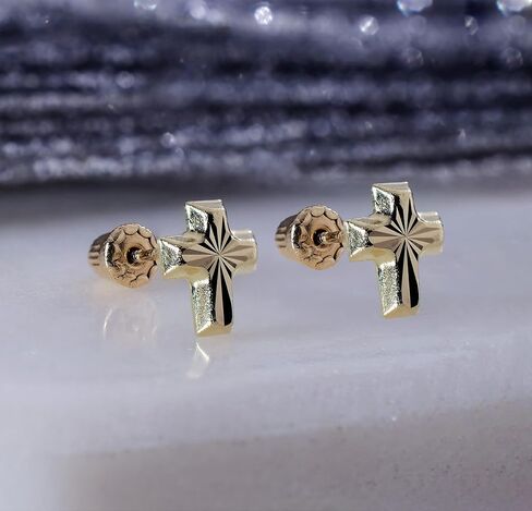Hoberta Real 14k solid Yellow Gold Tiny Circle Stud Earrings with Screw back for Women Girls Men for Sensitive ears Small & Minimalist Dot Studs Jewelry for Gifts (Cross Diamond Cut) in Saudi Arabia