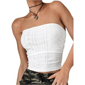 Floerns Women's Sleeveless Solid Color Eyelet Embroidery Ruched Slim Fit Tube Tops