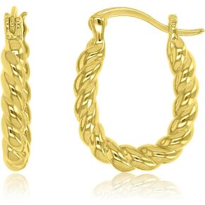 14K Gold Plated Twisted Round or Oval Hypoallergenic Huggie Hoop Earrings for Women, 3X15mm-18mm