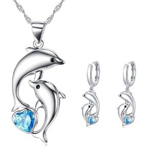 Dolphin Necklace with Dolphin Earrings Sterling Silver with Blue Heart Shaped Crystals Circle Hoop Earrings for Women
