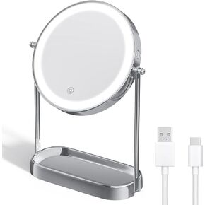 Lighted Makeup Mirror with Lights Storage Tray 3 Lighting Rechargeable Mirror with Magnification 1X/10X 360° Swivel 8" Portable Vanity Personal Makeup Mirror Great Gift (Chrome)