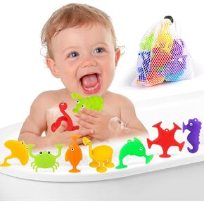 Suction Bath Toys for Kids, 9 Pcs Ocean Animal Suction Cup Toys with Storage Bag, No Hole Bathtub Toys Sensory Window Building Shower Travel Toys, Montessori Gift for 3 4 5 6 7 Years Old Boys Girls