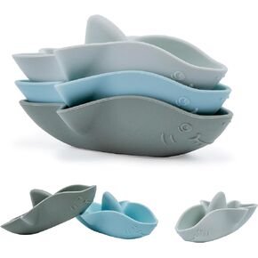 Sailing Sharks Bath Toy - 6 Piece Set - Fun Baby Bath Toys for 10-12 Months - Toddlers 1-3 Years - Kids 4-6 Years - Mold Free Silicone - Sailboat Shape for Child Learning & Development