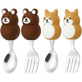 Toddler Utensils Baby Fork and Spoon Set with Case Food Grade 18/10 Stainless Steel Kids Silverware for Self Feeding Flatware with Cute Handle, 12 Months+ (2 pack, Bear&Dog)